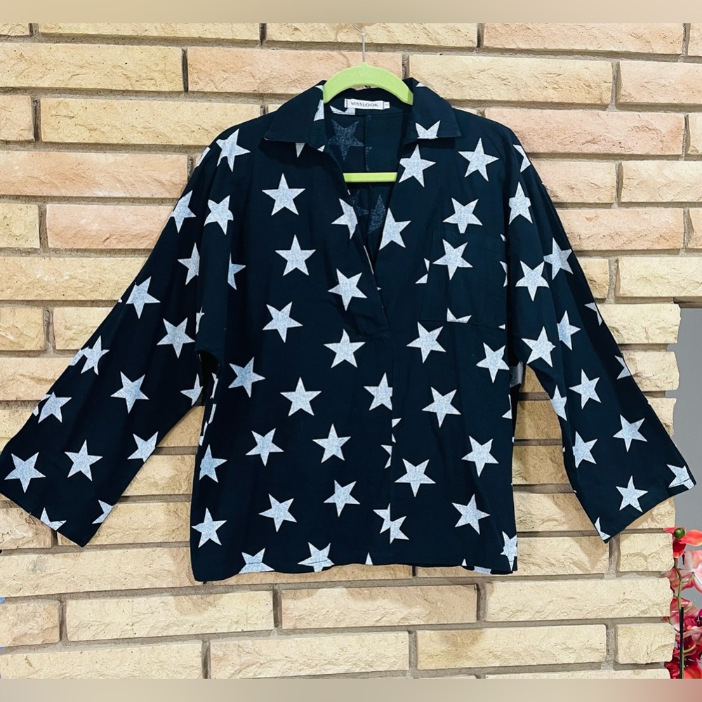 Miss Look Womens Top  S Black / White ⭐️Long Sleeve Collared V Neck Casual Shirt